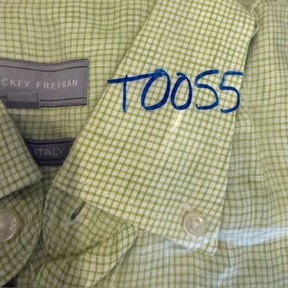 Hickey Freeman Linen Italian Shirt Button Front Green White Size Large - Picture 9 of 9